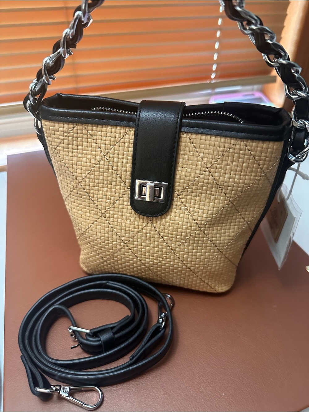 Black Trim Tan Woven Crossbody Bag with Chain Handle